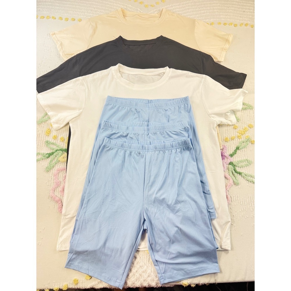 Shein 3 Piece Basic T Shirt Biker Shorts Set 3 piece S Beige‎ Black White Blue
